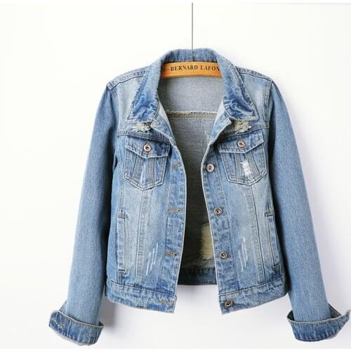 Denim jacket womens short slim Korean version of the new slim student long-sleeved denim jacket with holes in large size