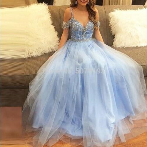 Ice Blue Fashion V-Neck Spaghetti Strap Natural A-Line Floor-Length Quinceanera Dresses/Evening Women Gowns Beaded Free Shipping