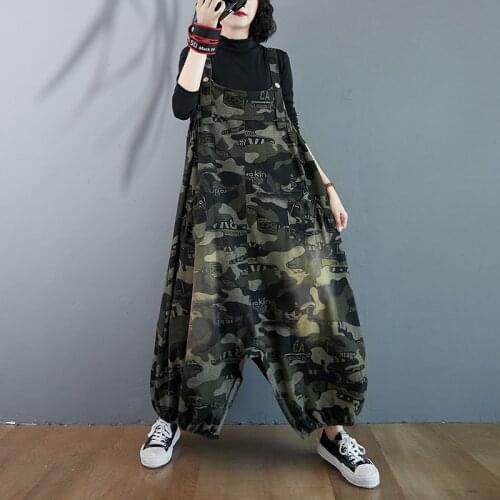 Army Green Camouflage Jumpsuit Loose Female Lantern Trousers Big Size Autumn Streetwear Camo Denim Rompers Overalls Pockets 2020
