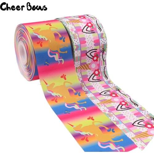 Cartoon Unicorn Printed Grosgrain Ribbons 75mm Width Single Face 100% Polyester Wedding Decoration 2 Colors DIY Ribbons