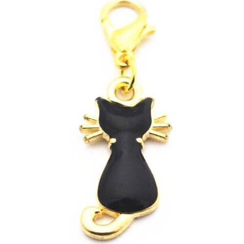 Hot Sale 20pcs/lot Metal Animal Dangle Charms Enamel Gold Black Cat Lobster Clasp Charms Fit DIY Bracelet Bangles Jewelry