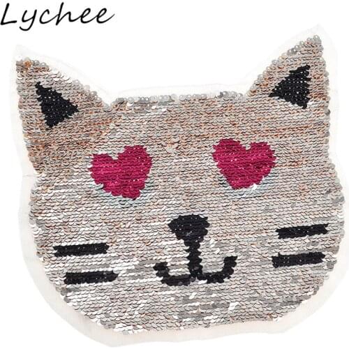 Lychee Colorful Animal Cat Head Sequins Patches Reversible Change Color Sewing On Applique For T Shirt Kids Clothes