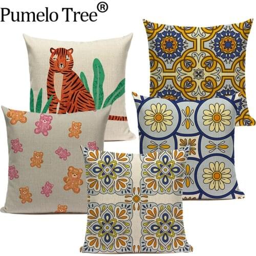Morocco Plaid Cushion Cover Cute Animal Panda Throw Pillows Case Tiger Covers Cushions for Sofa Geometric Pillows for Decoration