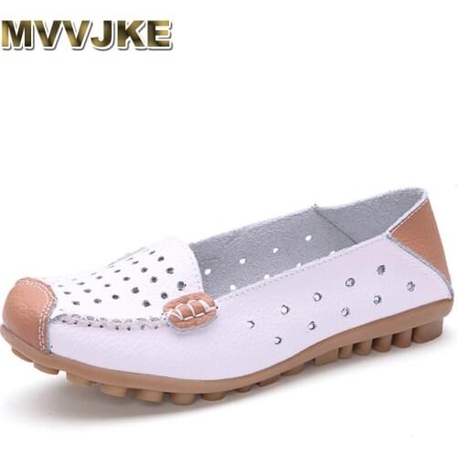 MVVJKEWomens Soft Leather Flat Casual Shoes Woman Breathable HollowOut Summer Sneakers Pregnant Comfortable Flat Heel ShoesE207