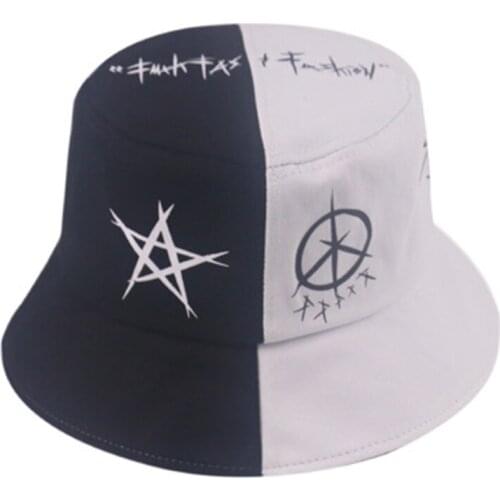 Autumn same five-pointed star hat men and women wild graffiti black and white stitching shade fisherman hat basin hat A35