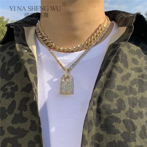 Punk Cuban Lock Pendant Necklace Set Full Rhinestone Tennis Chain Gold Color Choker Thick Chain Necklace Women Jewelry Gift New