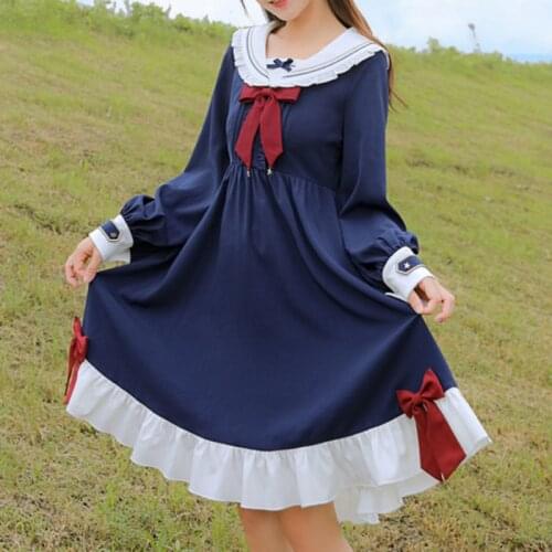 HOUZHOU Women Dress Kawaii Lolita Bow Navy Long Sleeve Dresses Preppy Style Patchwork Spring Autumn Ruffles Sweet Outfits Robe