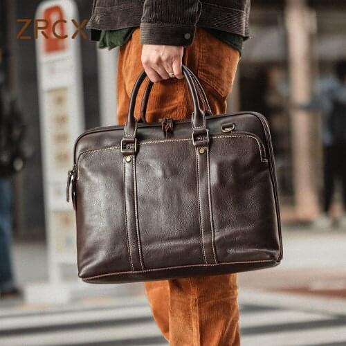 ZRCX Genuine Leather Briefcase Men Bag Business Handbag Male Laptop Shoulder Bags Tote Natural Skin Men Briefcase