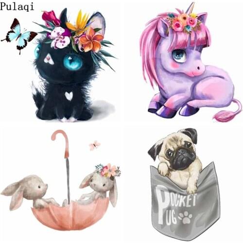 Pulaqi Cartoon Animal Iron on Transfer for Clothes Stripes Thermo Stickers Heat Vinyl Transfer Patch Thermal Iron Patches Badges