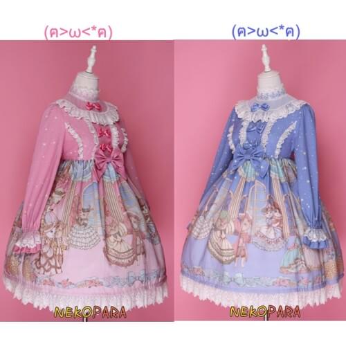 Palace Cat Party Rococo Style Womens Gorgerous OP Lolita Dress Lace Trim Bows Long Sleeve Cute One Piece Pink & Blue