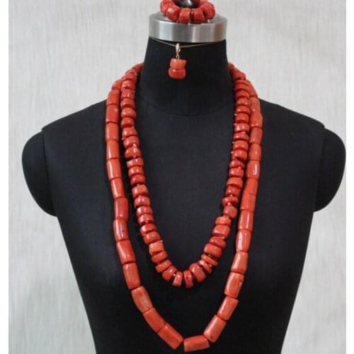 Wedding Necklace Set Nigeria 2 Layers 13mm 32 Inches African Beads Bridal Jewelry Set Orange Real Coral Beads Free Shipping 2020