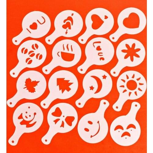 Free Shipping Brand New Fashion Cappuccino Coffee Barista Stencils Template Strew Pad Duster Spray Tools(16Pcs/set )