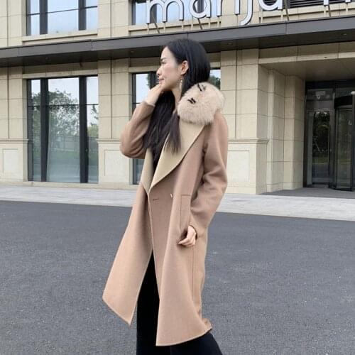 High End Two Color Fox Fur Collar Double Faced Woolen Coat Women 2020 Long Wool Woolen Coat