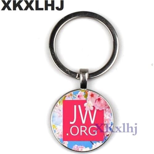 XKXLHJ JW .Org Charm Keychain Romantic Flower Jehovahs Witnesses Pendant Glass Photo Cabochon Keyring Men Women Key Chain