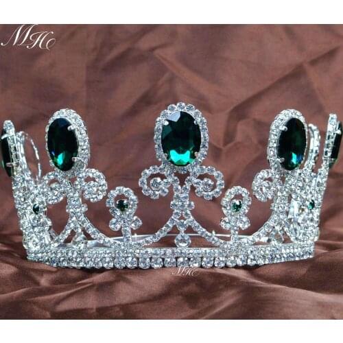 Green Crystal Rhinestones Tiaras and Crowns 3.5" King Queen Wedding Bridal Miss Pageant Prom Party Brides Hair Accessories Round