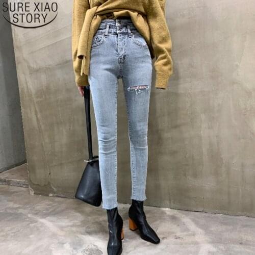 Women Denim Jeans Fit High Waist Stretched Elastic All-match Ripped Femme Fringe Hem Denim Skinny Jeans Female Trousers 10395