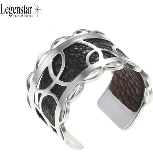 Legenstar DIY Argent Open Resizable Finger Rings For Women Bijoux Homme Round Stainless Steel Ring Reversible Leather Bague