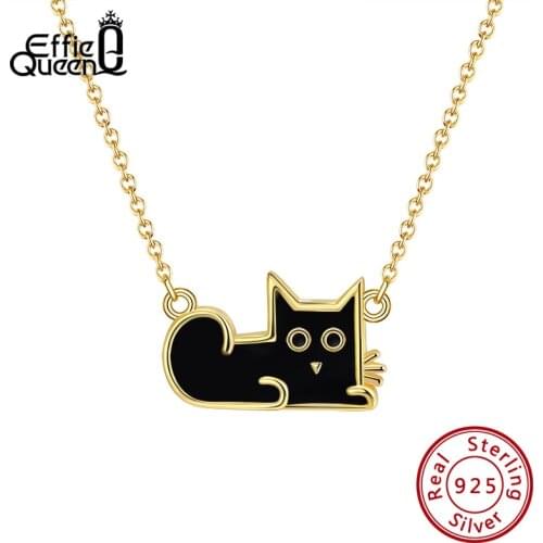 Effie Queen Charms Animal Black Cat Pendant Necklace 925 Silver Neck Chain Original Design Unisex Jewelry Party Gift EQN04