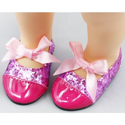 1Pair Fashion Purple Glitter PU Leather Shoes for Sharon Doll，Fit Baby Doll, Bowknot Ribbon Accessories Toys