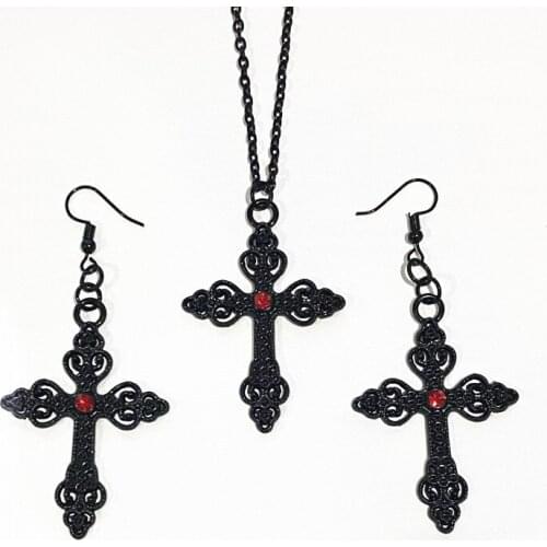 3PCS/set Fashion Black Gothic Cross Pendant Necklace Earring Set Jewelry For Women Stainless Steel Chain Bridesmaid Gift