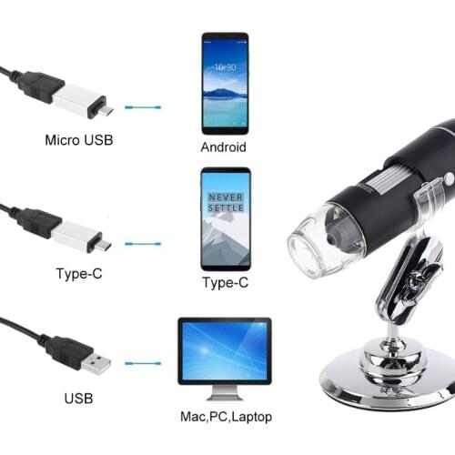 3-in-1 Digital USB Microscope 1600X Portable 2Adapters Support OSX Windows PC Type-C Micro-USB Phone Magnifier with 8LED