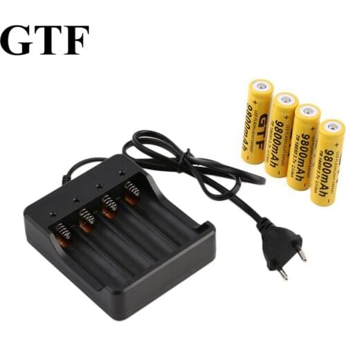 GTF New 4pcs 18650 3.7V 9800mAh Li-ion Rechargeable Battery+1PC EU/US Battery Charger for flashlight electronic product