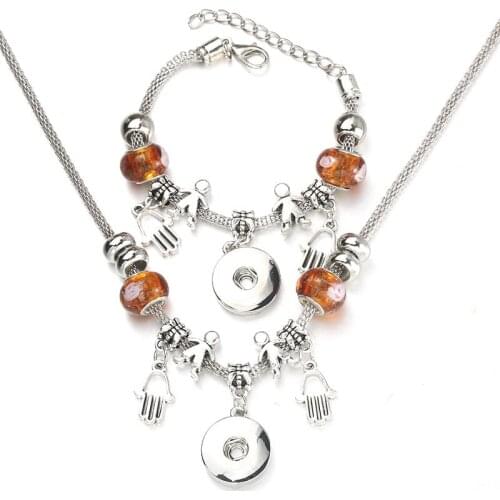 6 Colors Snap Button Hand of Fatima Necklace Bracelet Set Bead Pendant Hollow Chain Beaded Bracelet Fit 18mm Snap Jewelry