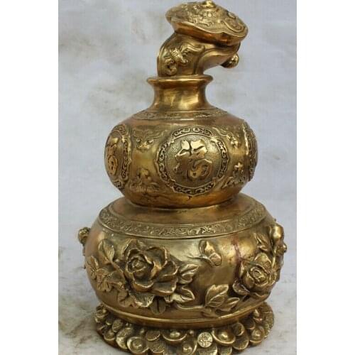 Collectible bronze S2111 17" Chinese Fengshui Brass Folk Wealth Fu Ru Yi Flower Calabash Cucurbit Gourd