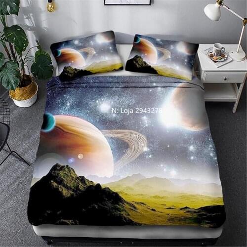 Beautiful Space Planet Series Pattern Three Piece Bedding Set, Duvet, Quilt, Pillowcase, Teen Bedroom Decoration Home Textile