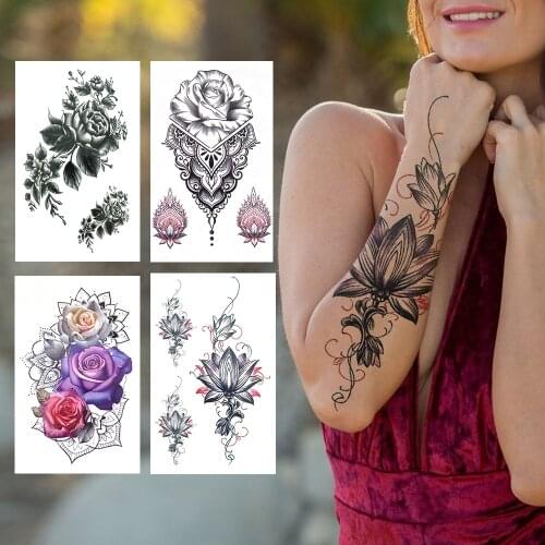 Colorful Lotus Temporary Tattoos For Women Girls Rose Mehndi Flower Tattoo Sticker Jasmine Peony Waterproof Tatoos Body Art Hand