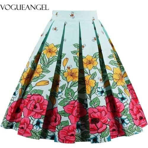 Summer 50 60s High Waist Skirts Ladies Retro Skirts Floral Printed Elegant Halloween Pleated A Line Womens Casual Skirt S-2XL