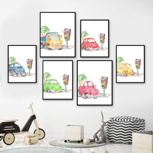 Cartoon Classic Cars School Bus Truck Traffic Light Wall Art Print Canvas Painting Nordic Poster Wall Pictures Kids Room Decor