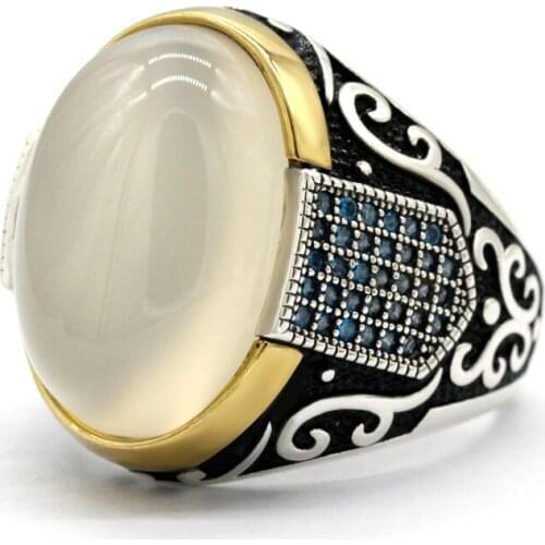 Natural Oval Yemen Agate Stone Silver Ring Vintage Men Silver Rings Zircon Big Heavy Ring Solid 925 Sterling Silver Jewelry Gift