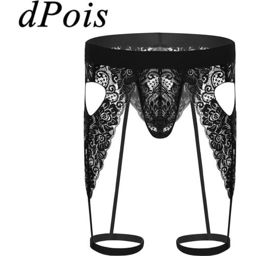 Mens See Through Floral Lace Lingerie Open Butt Bulge Pouch Cutout Love Heart Bikini G-string Thong Underwear & Leg Garters Band