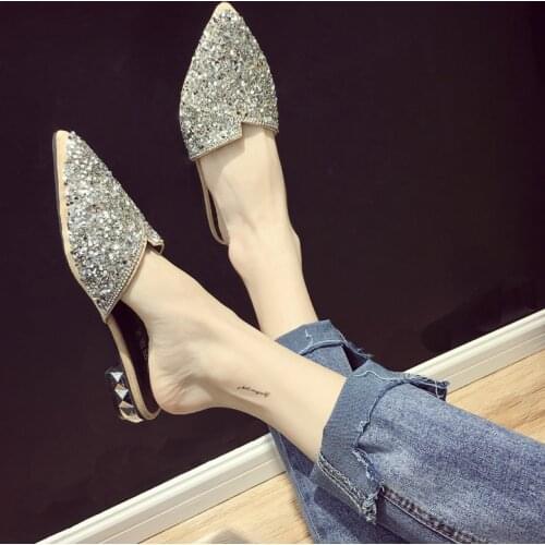 Silver crystal mules shoes women sexy pointed toe glitter heel beach slides lady summer outdoor flip flops sandalia feminina