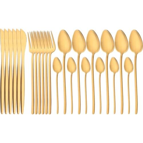24Pcs Gold Matte Cutlery Set 304 Stainless Steel Dinnerware Set Knife Fork Tea Spoon SilverwareTableware Kitchen Flatware Set