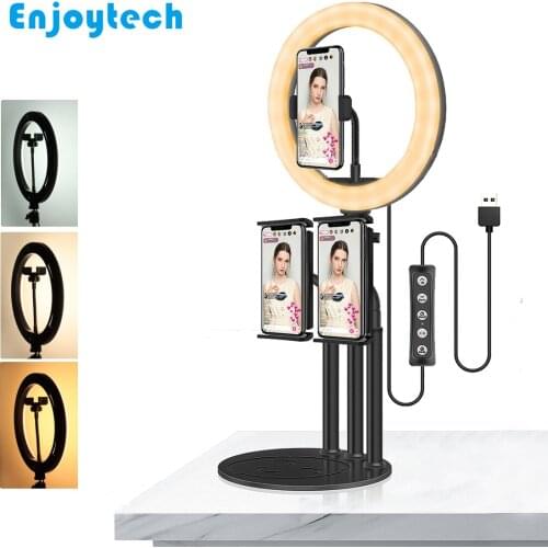 Tabletop Mount Holder with LED Ring Flash Light Selfie Lamp Stands Tripod for iPad Tablets Mobile Phones Video Live Blogger