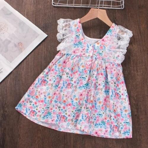 Menoea Kids Girls Floral Sweet Dresses Summer New Children Lace Patchwork Clothes Sleeveless Princess Dress Baby Cute Costumes