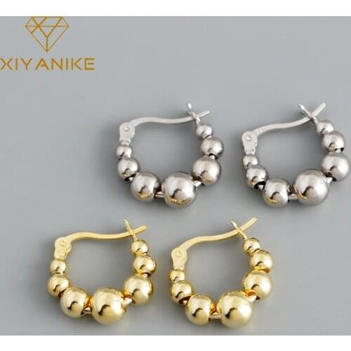 XIYANIKE 925 Sterling Silver Round Bead Hoop Earrings Female Fashion Accessories Jewelry Party Wedding Gifts Prevent Allergy