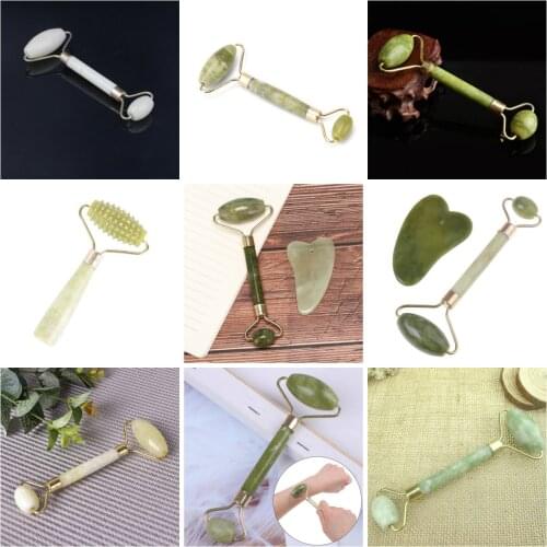 Multi Style 2 In 1 Green Roller Gua Sha Tools By Natural Jade Scraper Massager With Stones For Face Neck Back And Jawline