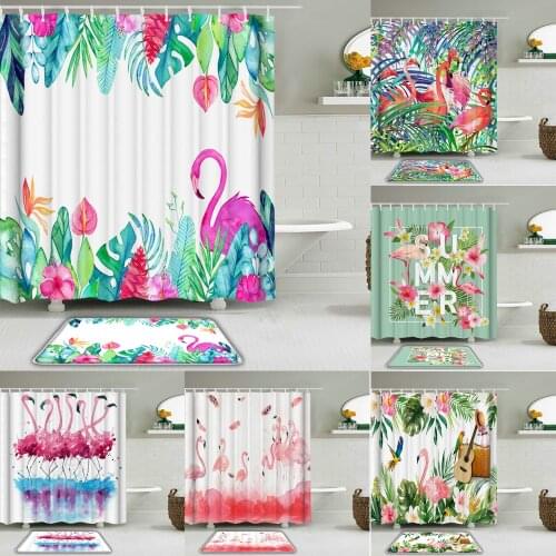 Flamingo Shower Curtain Set Plant leaves Pink Bird Fabric Waterproof Bathroom Curtains Toilet Non-slip Mat Bath Floor Mat Decor