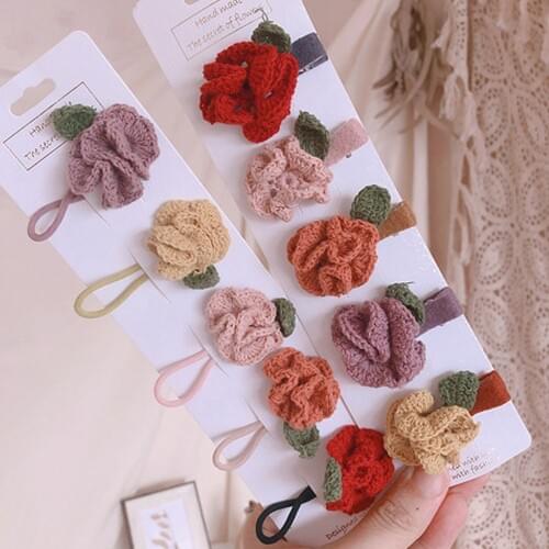 Girls Knitting Woolen Yarn Flower Leaf Hair Tie Band Elastic Ponytail Holder Selvage Hair Clips Lined Alligator HT108