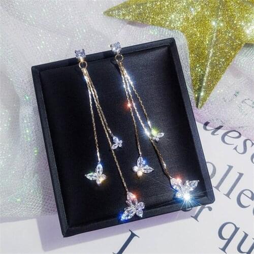 New shiny zircon crystal butterfly Tassel Earrings five pointed star long earrings womens elegant geometric hanging Earrings