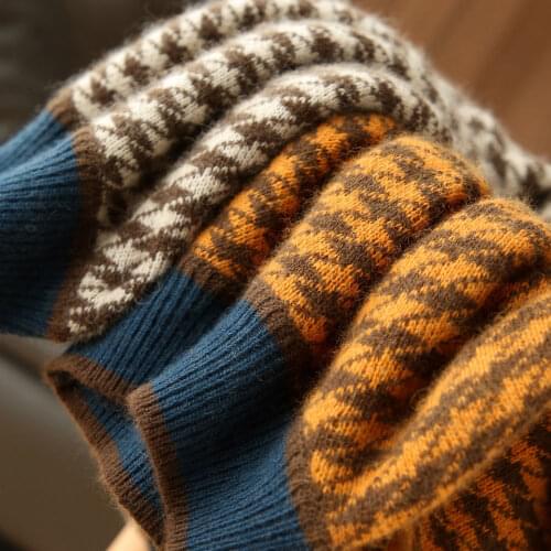 Women Winter Houndstooth Short Sweaters Half Turtleneck Full Sleeve Knitted Pullovers Vintage Jumpers Jacket