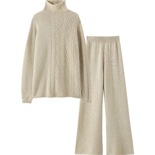 100% cashmere sweater women Autumn winter high-neck loose knit high-waisted wide-leg pants women thick pure cashmere suit