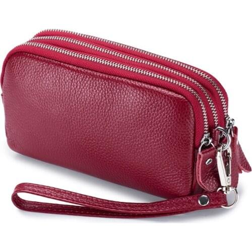 Womens Wallet Genuine Leather Large Capacity Coin Purses Female Three Zippers Lychee Pattern Keychain Card Holder Clutch Bag