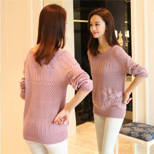 2021Spring Summer Sexy Hollow Bottoming Sweater Women Trendy Fashion Loose Round Neck Pullover Knitted Jumpers Appliques Female