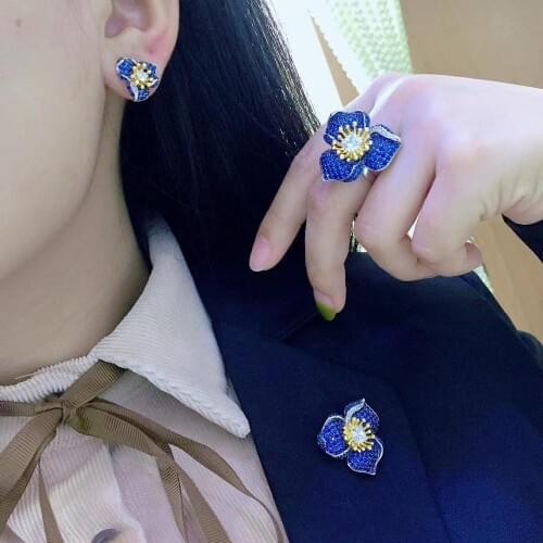 Blue color flower jewelry set pendant ring and earring 925 sterling silver with cubic zircon fine women jewelry free shipping