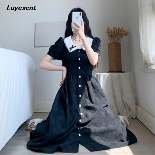 Dark Gothic Black Lady Lolita Long Dress Contrast Color Bow Women Floral Single Breasted Dresses Peter Pan Collar Cool Vestidos