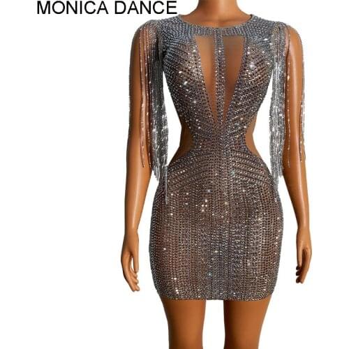 Women Sexy Sparkly Silver Rhinestone Fringe Transparent Short Dress Birthday Celebrate Chain Shoulder Outfit Evening Dress